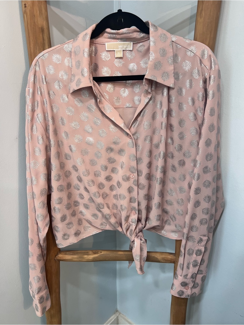 Michael Michael Kors Blush Pink Metallic Leaf Tie Front Blouse XL